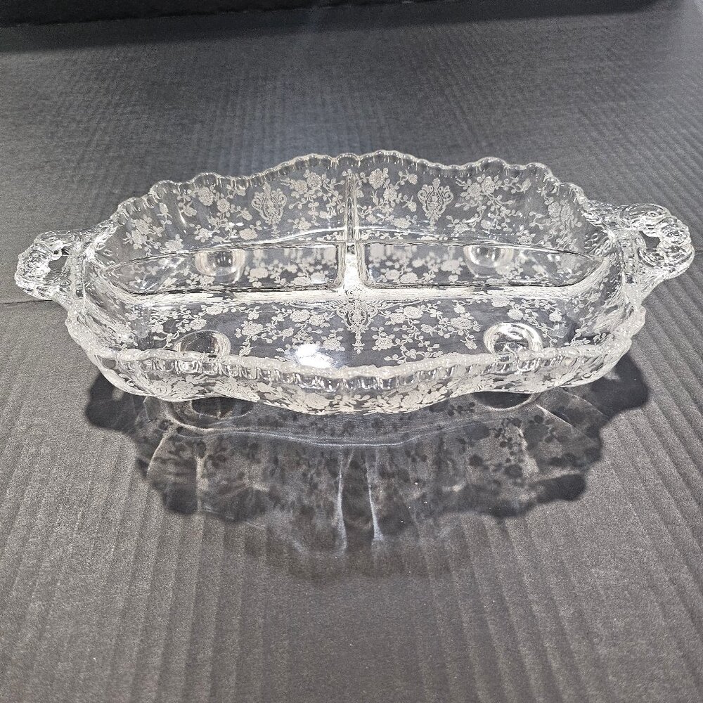Vintage Cambridge 4 Toed 3 Part Celery Relish Dish in Rose Point Clear Pattern #